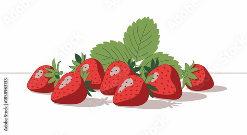 A group of fresh strawberries with green leaves on a white background.