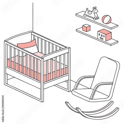 Nursery room setup with crib and rocking chair