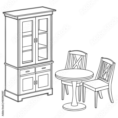 Modern dining room setup with cabinet and table