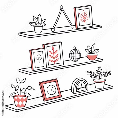 Decorative shelves with plants and art