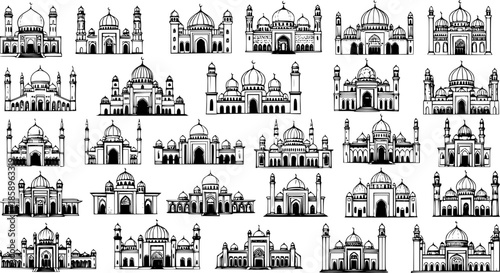 Hand Drawn Black and White Line Art Mosques Collection. Detailed Sketch Doodle Set of Islamic Architecture, Religious Buildings and Muslim Culture Designs for Travel and Faith Industry.