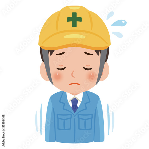謝罪する作業服を着てヘルメットを被った男性　上半身イラスト／Man wearing work clothes and a safety helmet apologizing, upper body illustration