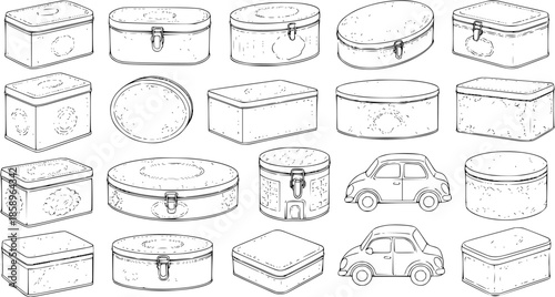 Vintage Storage Tins and Decorative Metal Boxes with Classic Toy Cars - Hand-Drawn Black and White Line Art Collection of Retro Containers for Packaging and Home Decor