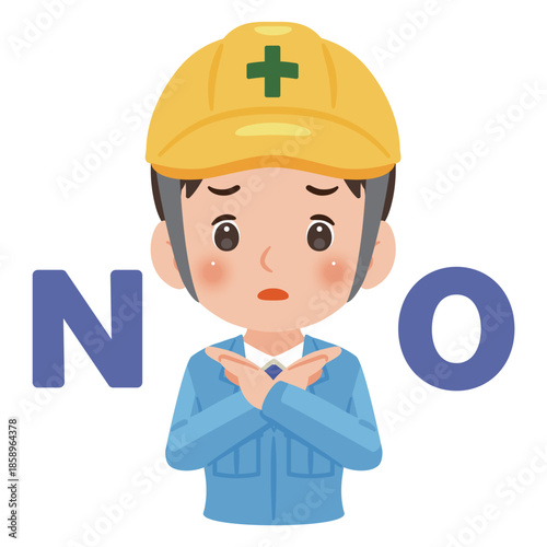 両手でバツのポーズをする作業服を着てヘルメットを被った男性　上半身イラスト／Man wearing work clothes and a safety helmet making a cross gesture with both hands, upper body illustration