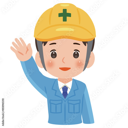 片手を高く上げた作業服を着てヘルメットを被った男性　上半身イラスト／Man wearing work clothes and a safety helmet raising one hand high, upper body illustration