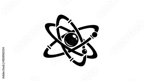 Simple black and white illustration of an atom model on a plain white background