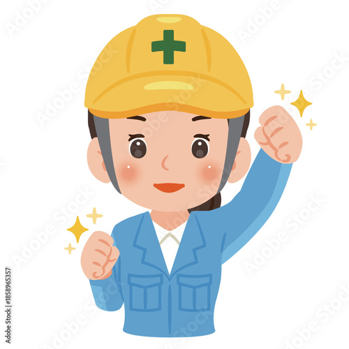 やる気のある作業服を着てヘルメットを被った女性　上半身イラスト／Motivated woman wearing work clothes and a safety helmet making a fist pump, upper body illustration