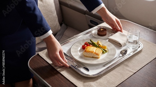Flight attendant serving gourmet meal on tray in luxury business class cabin