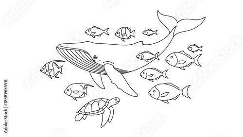 Whimsical underwater scene featuring a large whale surrounded by a school of smaller fish and a sea turtle