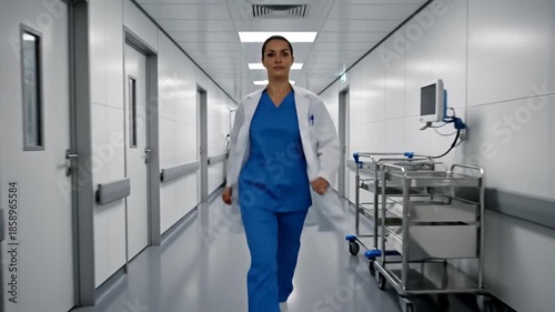 Professional Female Doctor Walking and Running Through Hospital Corridor With Green Screen