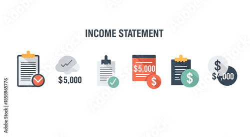 Flat lay of income statement icons on a white background with financial symbols.