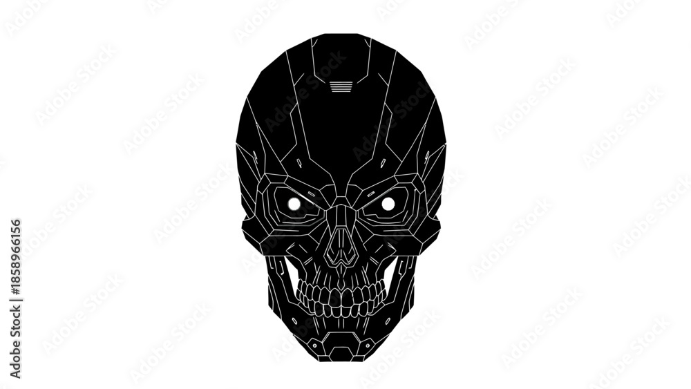 Obraz premium Black robotic skull illustration with glowing eyes on a white background.