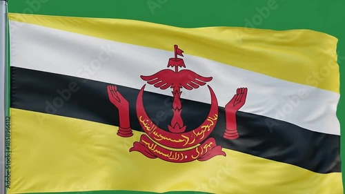 Brunei flag waving in the wind against a green screen background, ideal for chroma key, perfect