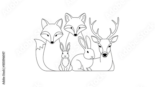 Serene black and white line art illustration depicting a harmonious gathering of diverse forest animals, including elegant foxes, a majestic deer, and playful rabbits