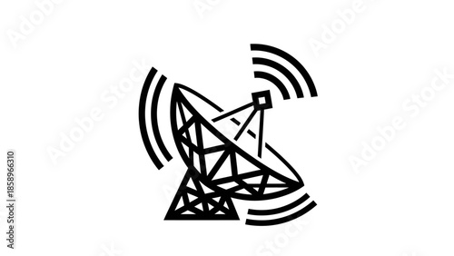 A simple line icon of a satellite dish with signal waves on a white background.