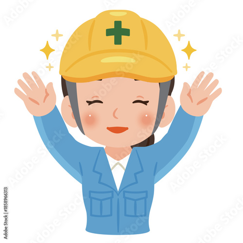 両手を上げて万歳する笑顔の作業服を着てヘルメットを被った女性　上半身イラスト／Smiling woman wearing work clothes and a safety helmet raising both hands in celebration, upper body illustration