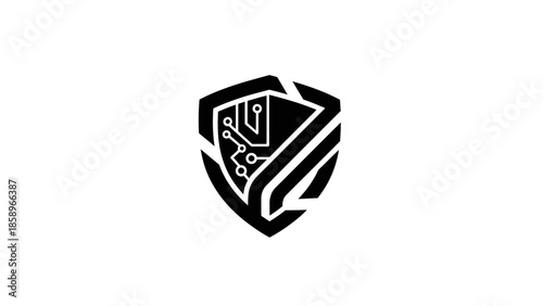 Black and white logo of a shield with a bird on a plain background