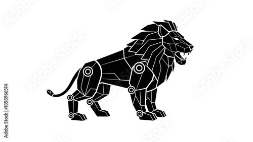 A black and white illustration of a standing lion with a robotic design on a plain white