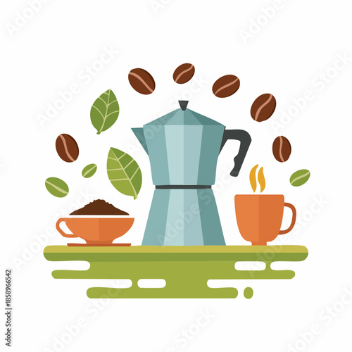 コーヒーメーカーとコーヒー豆のイラスト