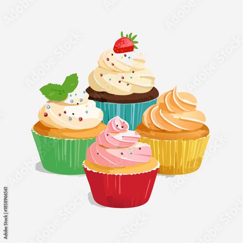 カラフルなカップケーキのイラストセット