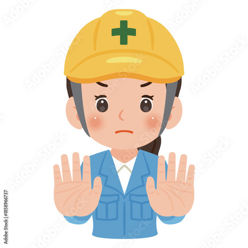 両手のひらで静止する作業服を着てヘルメットを被った女性　上半身イラスト／Woman wearing work clothes and a safety helmet making a stop gesture with both palms, upper body illustration