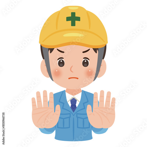 両手のひらで静止する作業服を着てヘルメットを被った男性　上半身イラスト／Man wearing work clothes and a safety helmet making a stop gesture with both palms, upper body illustration