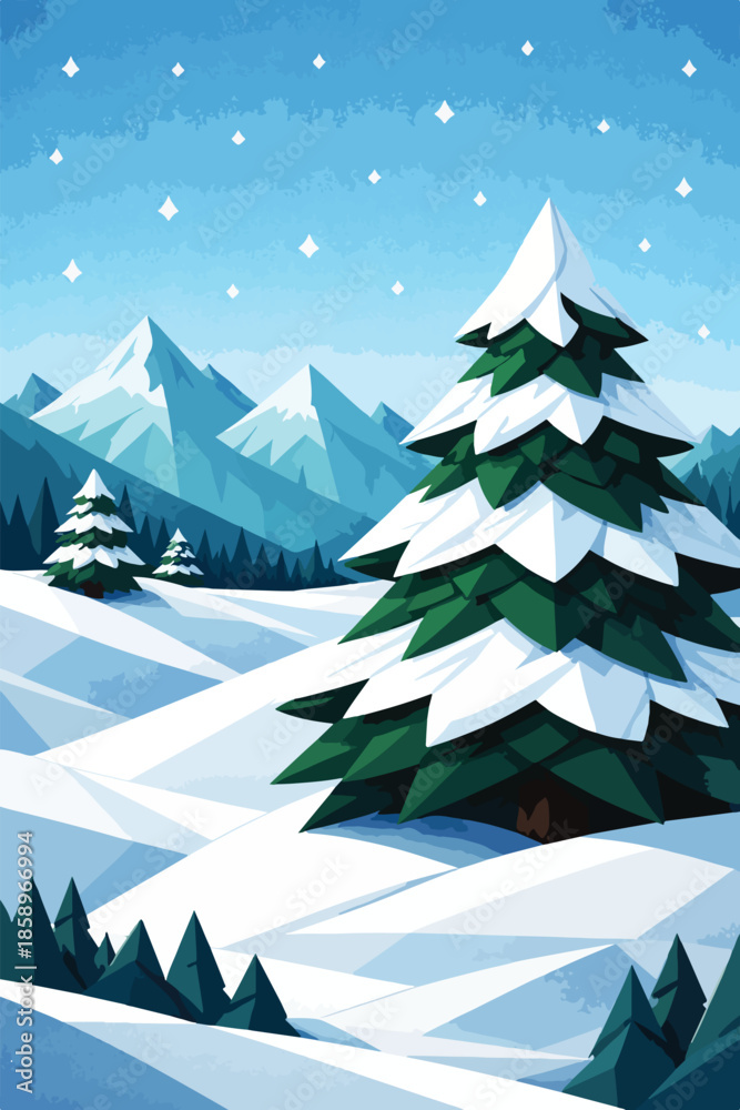 Obraz premium Winter Landscape with Snow-Covered Pine Trees and Mountains, Vector Illustration