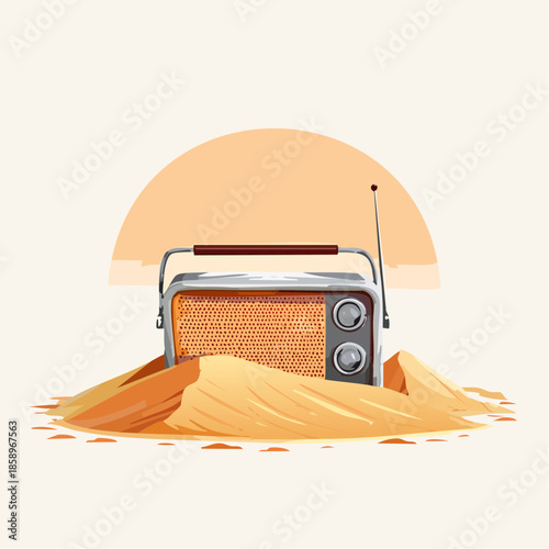 Vintage radio half-buried in golden desert sands under a serene sun, symbolizing enduring hope and timeless waiting for connection in vast, quiet isolation