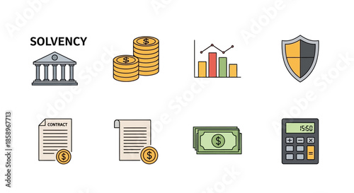 Flat lay of solvency icons including bank, coins, chart, shield, documents, money, and