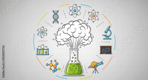 Science Infographic: A visually captivating science-themed infographic showcasing various elements like atoms, DNA, and lab equipment. Designed to illustrate scientific concepts.