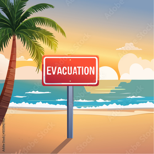 Evacuation sign on a tropical beach at sunset, signaling a warning against danger