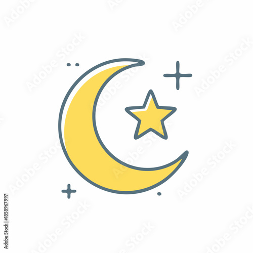 Flat design icon featuring a radiant yellow crescent moon and a sparkling star, symbolizing night, dreams, and celestial wonders in a clean, minimalist line art style