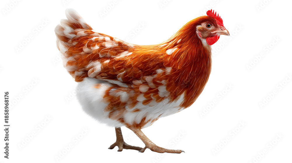Fototapeta premium A magnificent brown and white feathered chicken stands gracefully in full profile, perfect for illustrating poultry farming, fresh food products, or farm animal education materials