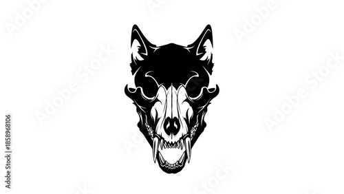 Black and white illustration of a wolf's head with sharp teeth on a white background.