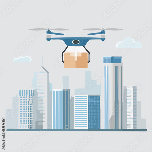 Sleek flat design illustration of a futuristic drone delivering a package over a modern urban cityscape, symbolizing digital efficiency and advanced logistical solutions