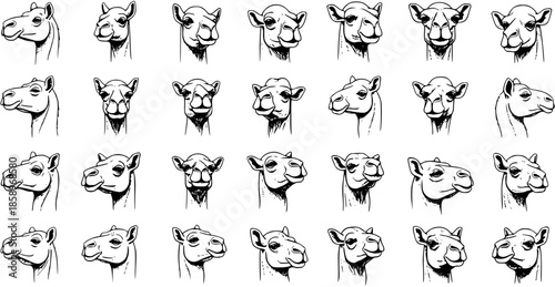 Hand-Drawn Black and White Line Art Illustration Set of Diverse Camel Heads and Faces  Detailed Animal Portraits for Wildlife, Desert, and Zoo Concepts