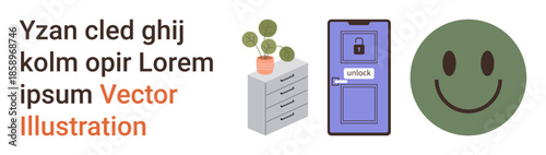 Technology, security, workplace, emotions, data storage, digital access. A locked smartphone, a potted plant on a cabinet and a happy face. Technology and workplace
