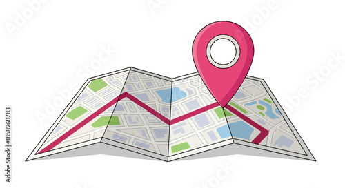 A vibrant vector illustration depicts a classic folded map with a clear red route and a prominent pink location pin, symbolizing navigation and travel planning.