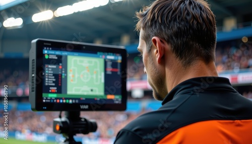 Referee using technology to analyze a soccer match during gameplay.