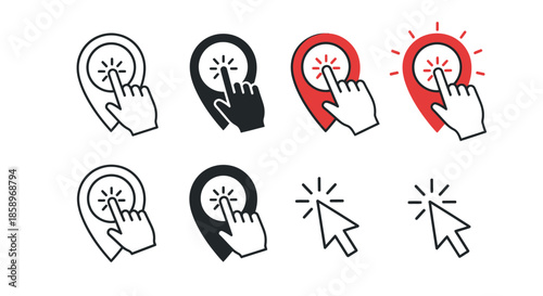 Set of hand pointer and cursor icons with location markers and click effects.