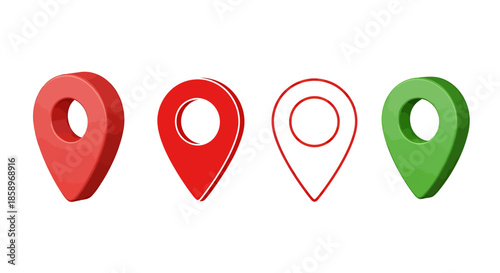 Set of red and green location pin icons in different styles on white background.