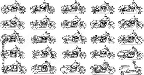 Black and White Line Art Collection of Various Motorcycles and Scooters, Automotive Vector Icons