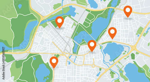 Illustration of a city map with multiple location markers and various green park areas.