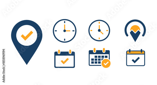 A collection of modern flat design vector icons illustrating concepts of location, time, and calendar appointments in a clean blue and orange palette.
