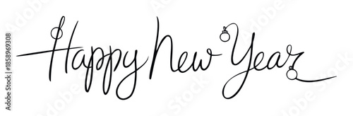 Handwritten Happy New Year text with festive ornament decorations creates a joyful holiday greeting for seasonal promotions social media posts and celebration banners.