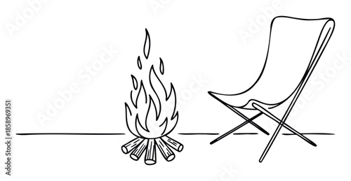Minimalist black and white line drawing depicting a crackling bonfire and a comfortable camping chair for use in leisure, travel, and nature related media.