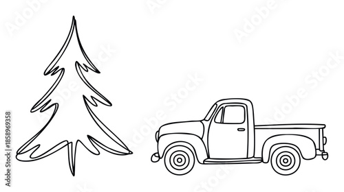 Simple black and white line drawing of a traditional Christmas fir tree next to a classic vintage pickup truck, ideal for holiday season decorations, greeting cards, or winter themed