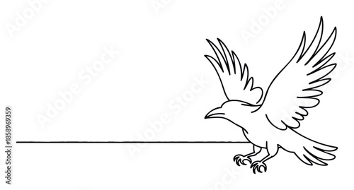 Minimalist line art depiction of a majestic raven spreading its wings and preparing for flight, perfect for avian themed graphics, wildlife emblems, and decorative prints
