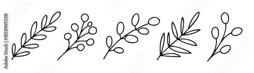A collection of simple black outline botanical branches with leaves and berries provides versatile graphic assets for naturalthemed decorations, modern graphic designs, or elegant greeting