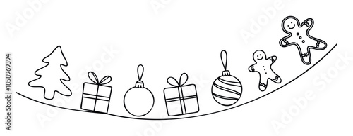 Joyful holiday line drawing featuring Christmas tree, wrapped presents, round baubles, and gingerbread men arranged in a cheerful decorative arc perfect for seasonal promotions and greeting